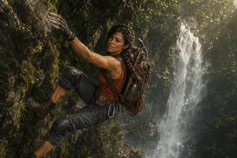 Cara free-climbing a mossy cliff beside the waterfall