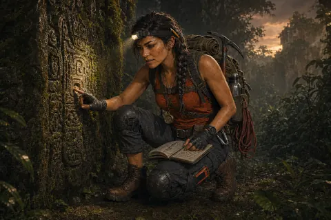 Cara crouched at a moss-covered stela, head torch on, notebook on her knee