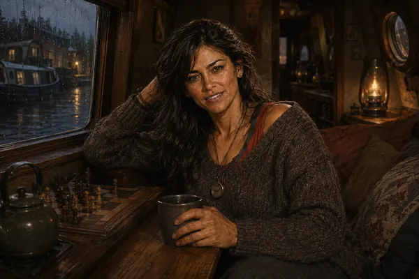 Cara off duty in the cabin of her narrowboat, Marginalia