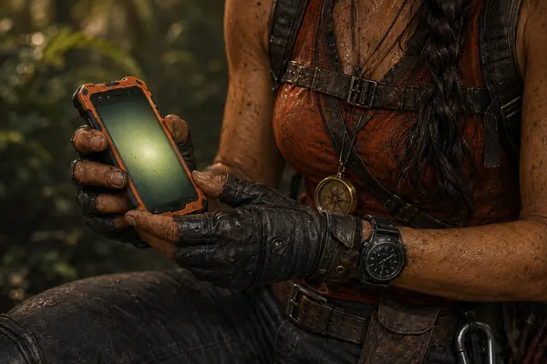 Cara’s hands holding her phone in its orange case, call connected