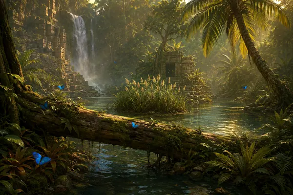 The fallen kapok log across the river in the Verdant Basin