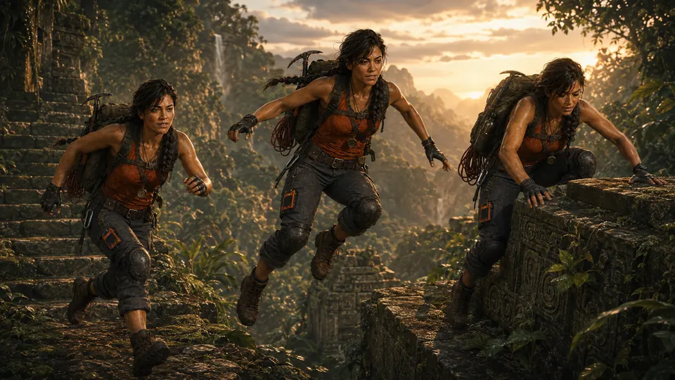 Cara shown three times: running up, jumping, mantling onto a stone block