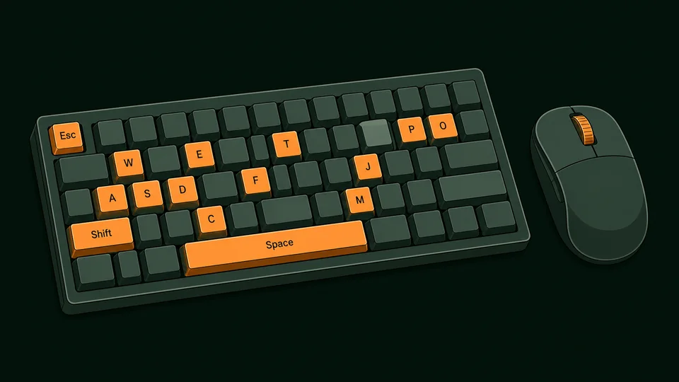 Keyboard with the game’s keys highlighted, and a mouse